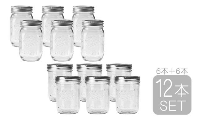 ball 【ボール】Mason Jar メイソンジャー 16oz レギュラー/ワイドマウス ガラス保存瓶 12本セット-RINKY DINK