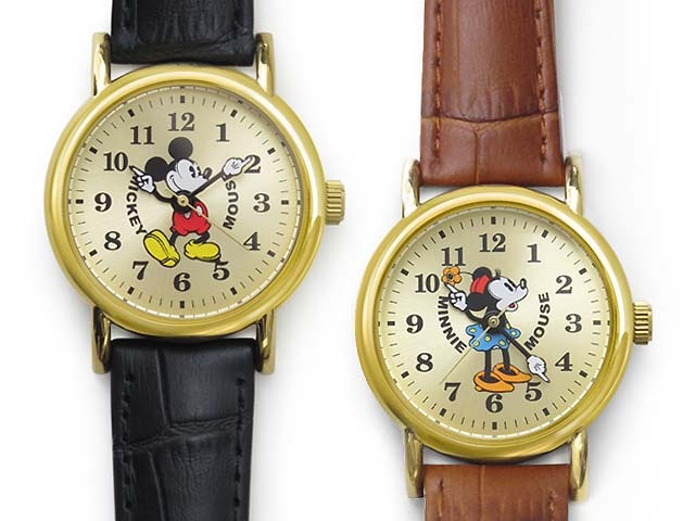 【Disney】ミッキー & ミニー マウス ラウンド ウォッチ 革ベルト腕時計-RINKY DINK